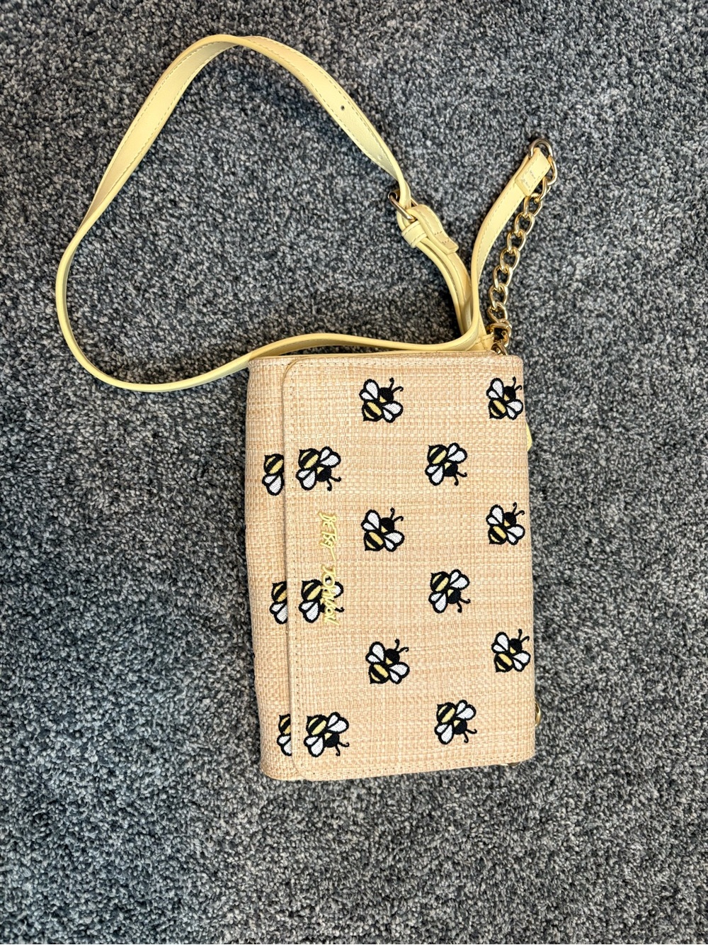 Betsey Johnson Beige Straw Crossbody with Yellow Bee Accents